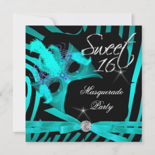 Convite Doce Dezesseis 16 Mascarada Azul Teal Zebra