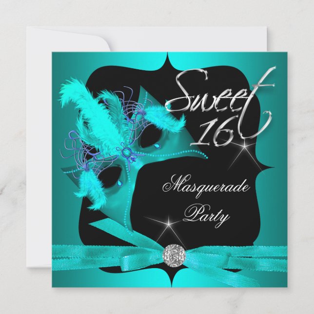 Convite Doce Dezesseis 16 Mascarada Azul Turquesa (Frente)