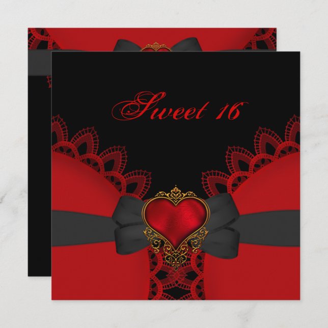 Convite Doce Dezesseis 16 Red Black Lace Heart Gothic (Frente/Verso)