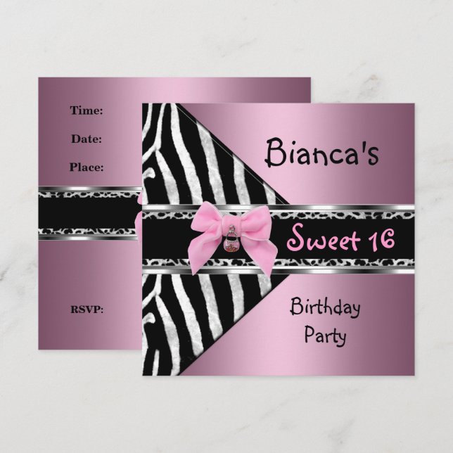 Convite Doce Dezesseis 16 Rosa Prata Preto Zebra Leopardo (Frente/Verso)