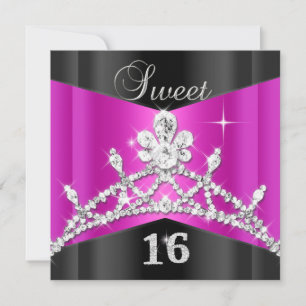 Convite Doce Dezesseis 16 Rosa Quente Preto Prata Tiara