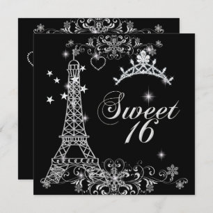Convite Doce Dezesseis 16 Torre Eiffel de Prata Negra