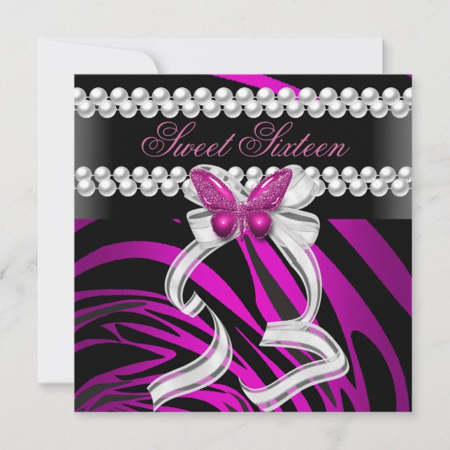 Convite Doce Dezesseis 16 Zebra Borboleta Preto Rosa Branc (Frente)