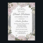 Convite Doce Dezesseis Aniversário Floral de Prata Rosa Ro<br><div class="desc">Mais bonito 16 Convites na Loja de Bayleigh! Utilizámos o trabalho de arte de: www.createthecut.com</div>