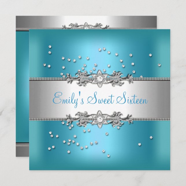 Convite Doce Dezesseis Aniversário Ouros Azuis de Teal Azu (Frente/Verso)