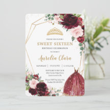 Doce Dezesseis Borgonhas Rosa Floral 16º Aniversár