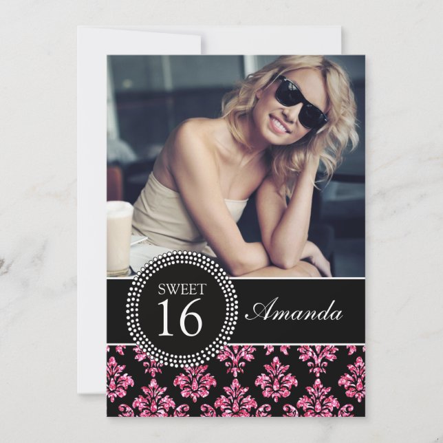 CONVITE DOCE DEZESSEIS, BRILHO COR-DE-ROSA, DAMASCO PRETO (Frente)