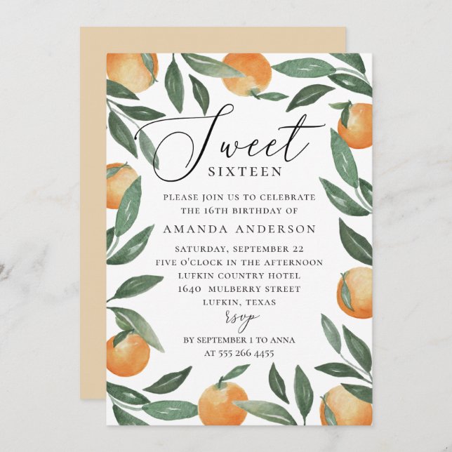 Convite Doce Dezesseis | Citrus Orange & Greenery Birthday (Frente/Verso)