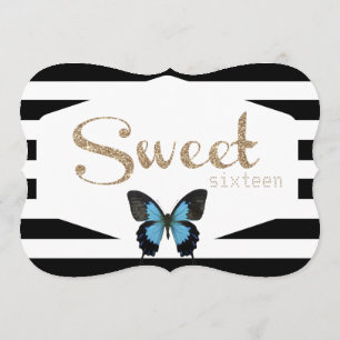 Convite Doce dezesseis com borboletas Douradas e azuis