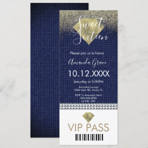 Convite Doce Dezesseis Diamantes de Brilho Denim Dourado