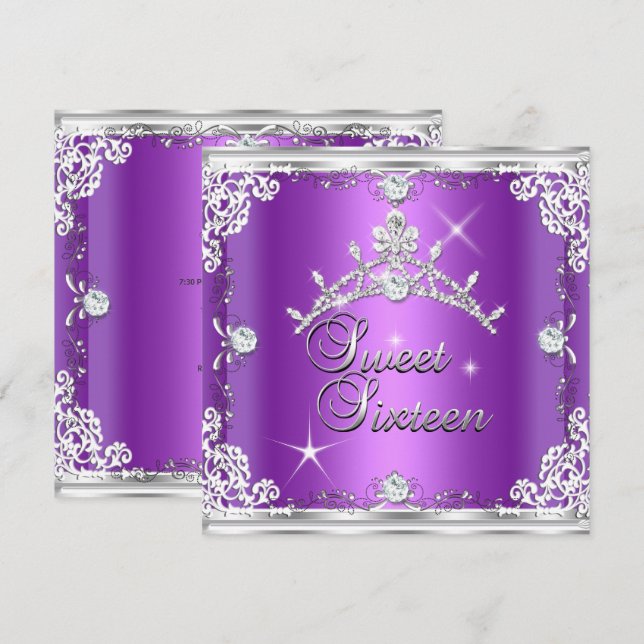 Convite Doce Dezesseis Doce Diamante de Prata Roxo 16 Tiar (Frente/Verso)