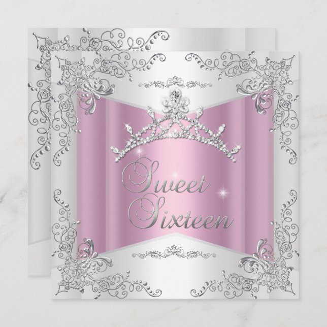 Convite Doce Dezesseis Doce Prata Branca De 16 Rosa Tiara (Frente/Verso)