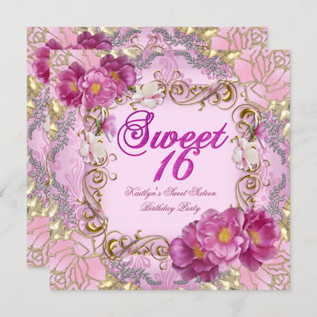 Convite Doce Dezesseis Doçosos Flores Douradas De Damasco  (Frente/Verso)