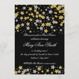 Convite Doce Dezesseis Dourados Silver Glitter Star Confet