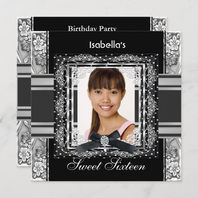 Convite Doce Dezesseis e 16 Festas de aniversário pretas d (Frente/Verso)