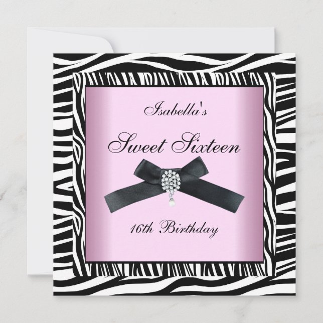 Convite Doce Dezesseis e 16 Festas - Zebra Branca Rosa 5 (Frente)