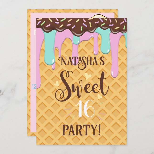 Convite Doce Dezesseis E Dezesseis Unidades Waffle Cone (Frente/Verso)