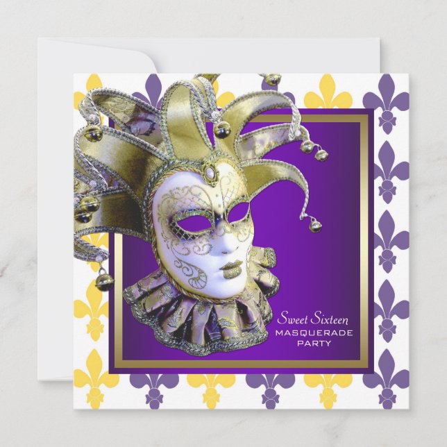 Convite Doce Dezesseis e Dourado Partido Mascarada Roxo (Frente)