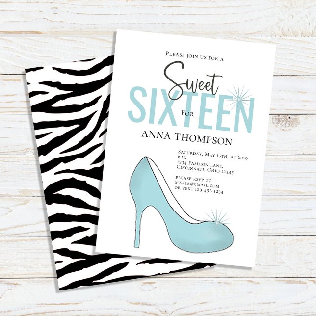 Convite Doce Dezesseis Festas de aniversário Chic Girly (Sweet 16 custom invitations with teal-colored high-heeled shoes. )