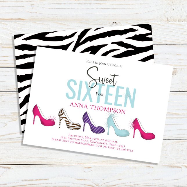 Convite Doce Dezesseis Festas de aniversário Coloridas (Sweet 16 custom invitation with colorful high heeled shoes)