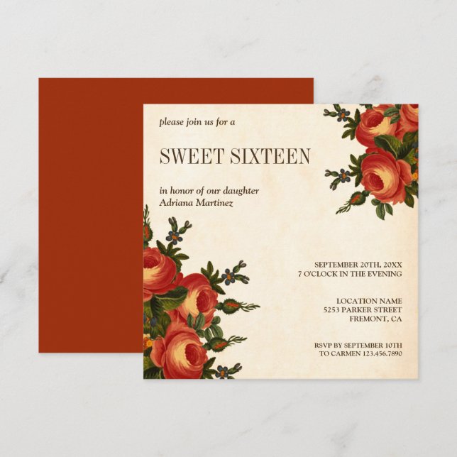 Convite Doce Dezesseis Floral Laranja Rústico Vintage (Frente/Verso)