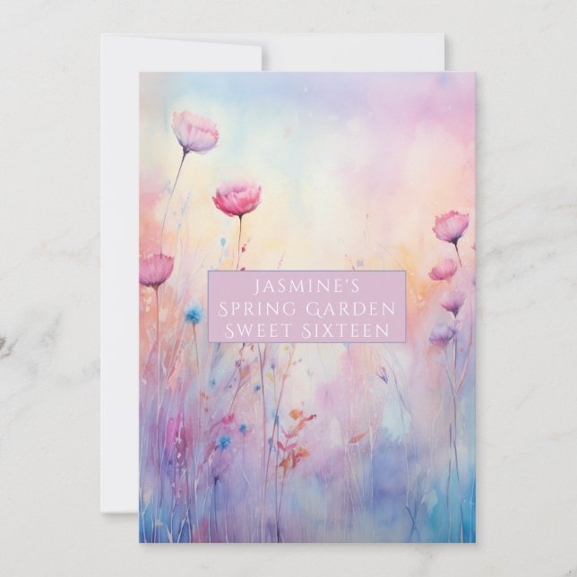 Convite Doce Dezesseis Flores Azuis Cor-de-Rosa (Frente)