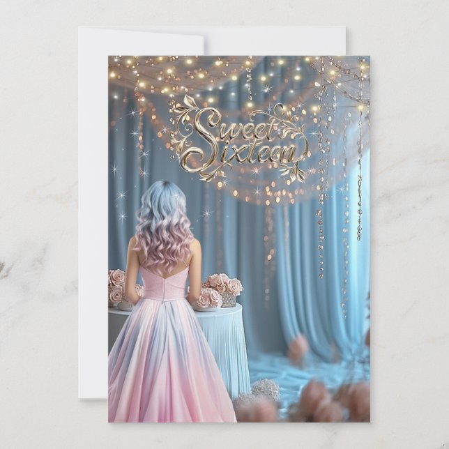 Convite Doce Dezesseis Flores Garotas Cabelo Rosa Azul (Frente)