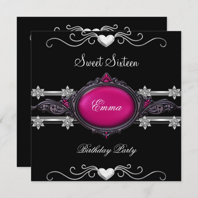 Convite Doce Dezesseis Joias Negras Rosa-Rosa-Prateadas do (Frente/Verso)