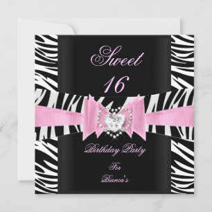 Convite Doce Dezesseis Listras Rosa Preto Branco Zebra