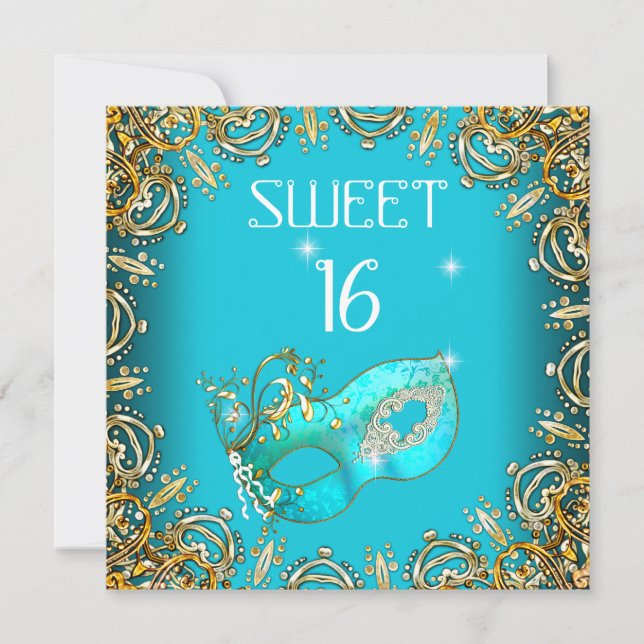 Convite Doce Dezesseis Máscara Dourado Azul Turquesa (Frente)