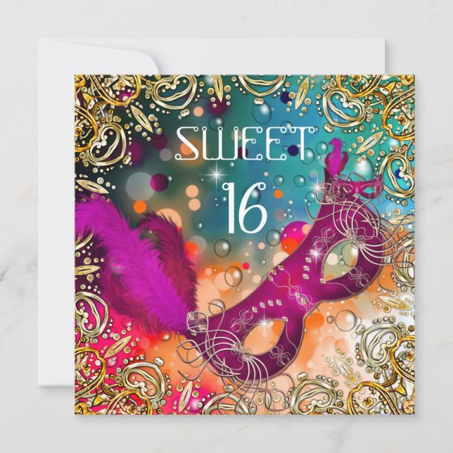 Convite Doce Dezesseis Máscara Rosa Azul Turquesa (Frente)