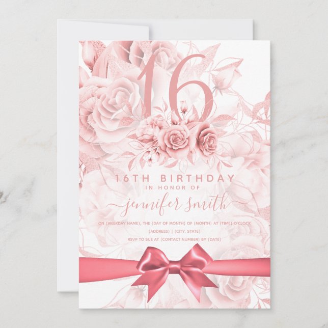 Convite Doce Dezesseis Meninas Florais, Rosa Dourado e Ros (Frente)