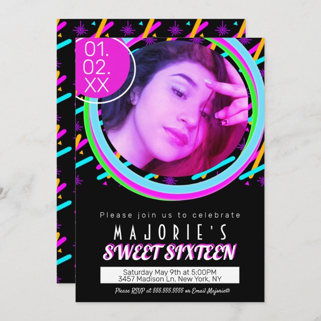 Convite Doce Dezesseis Neon Party Club - Estilo Laser Bril (Frente/Verso)