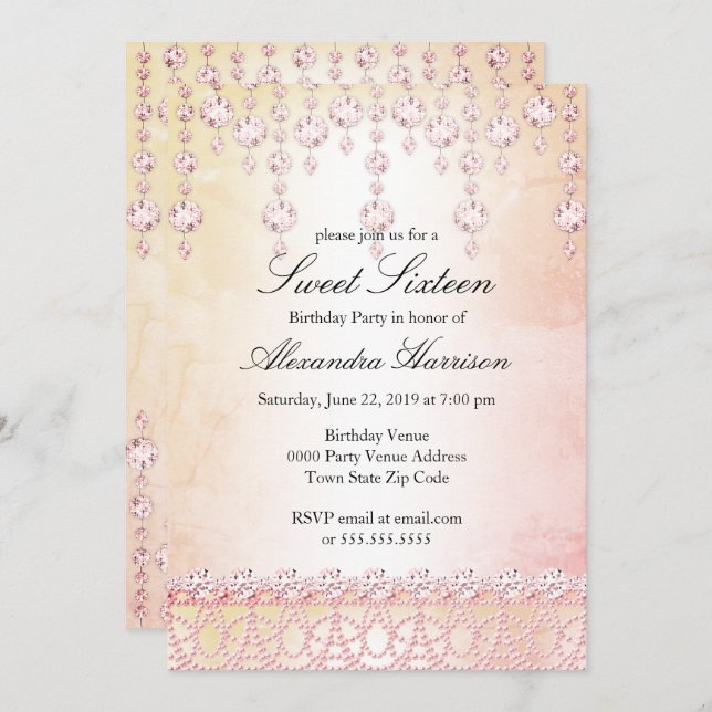 Convite Doce Dezesseis Prata Cristal Rosa-Rosa-Festa de an (Frente/Verso)