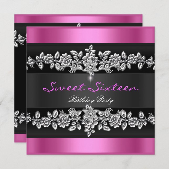 Convite Doce Dezesseis Prata Negra, Rosa, de 16 Partidos,  (Frente/Verso)