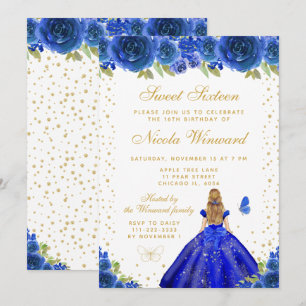 Convite Doce Dezesseis Princesa Cabelo Loiro Floral Azul