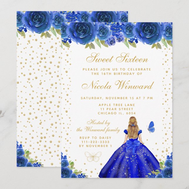 Convite Doce Dezesseis Princesa Cabelo Loiro Floral Azul (Frente/Verso)