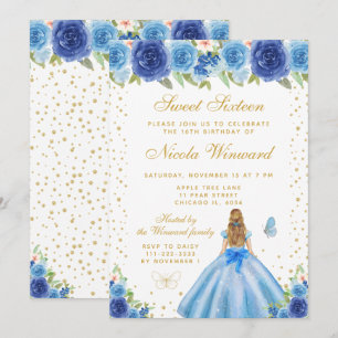 Convite Doce Dezesseis Princesa Cabelo Loiro Floral Azul