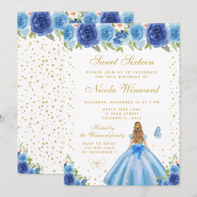 Convite Doce Dezesseis Princesa Cabelo Loiro Floral Azul (Frente/Verso)