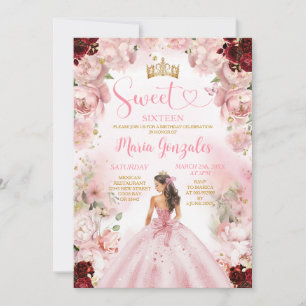 Convite Doce Dezesseis Princesa Rosa, Vestido Burgundy Flo