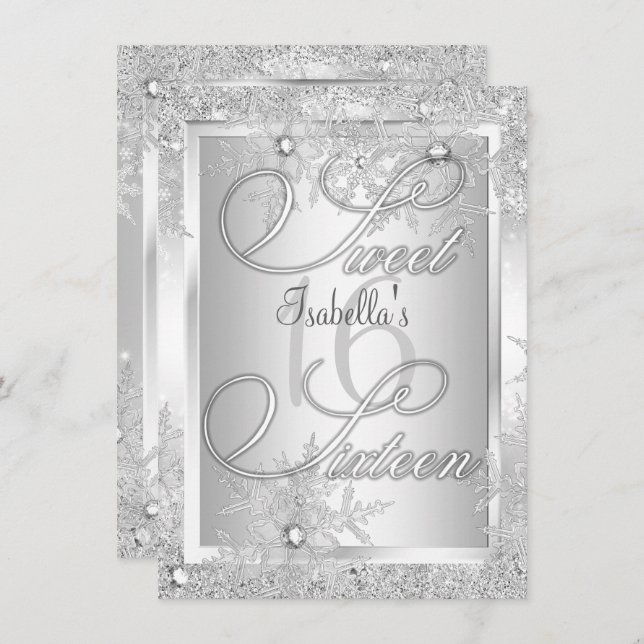 Convite Doce Dezesseis Snowflake 16 Wonderland Winter (Frente/Verso)