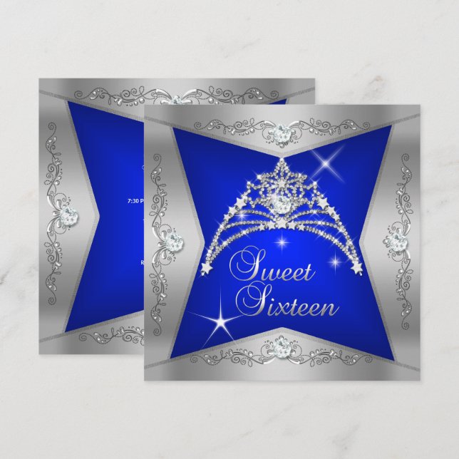 Convite Doce Dezesseis Tiara Azul Prata (Frente/Verso)