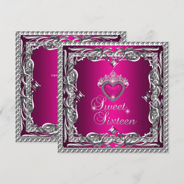 Convite Doce Dezesseis Tiara Brilho Rosa Prata (Frente/Verso)