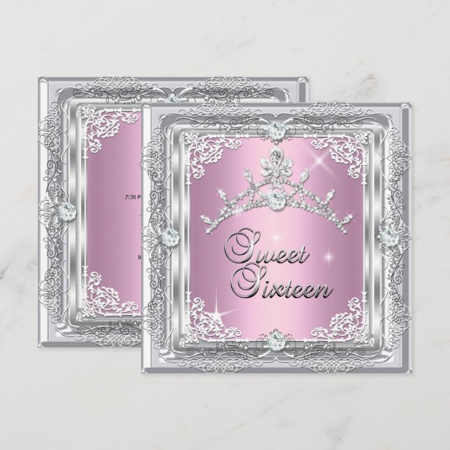 Convite Doce Dezesseis Tiara de Diamante Prata Rosa (Frente/Verso)
