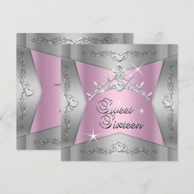 Convite Doce Dezesseis Tiara Rosa Prata (Frente/Verso)