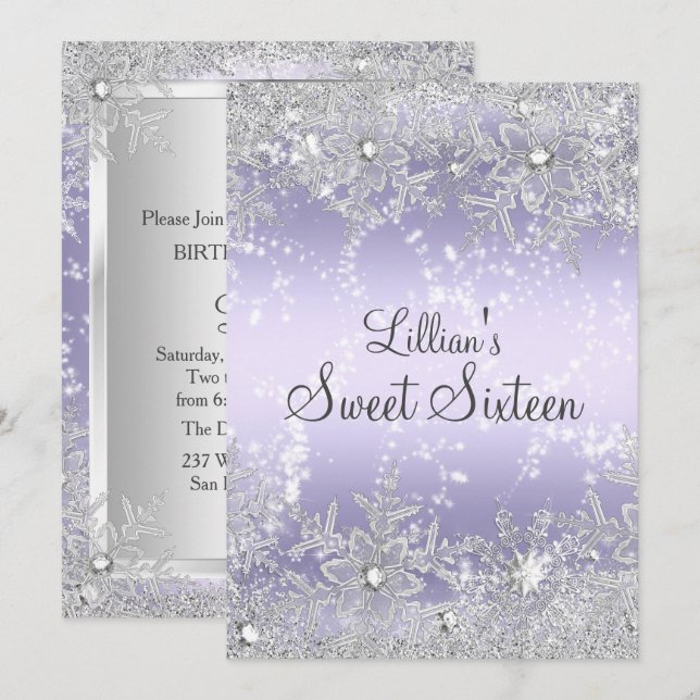 Convite Doce Diamante de Floco de Neve Roxo Inverno Encant (Frente/Verso)