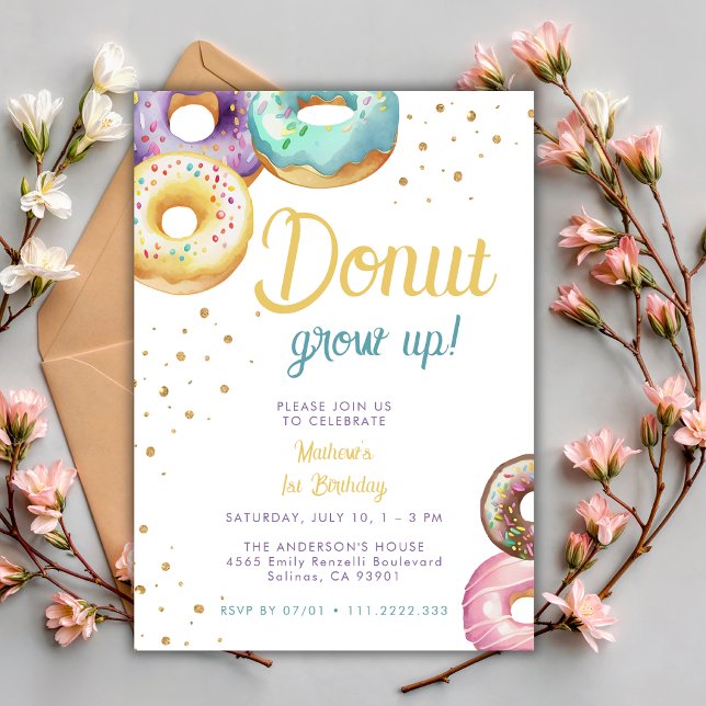 Convite Doce Donut Não Cresça Aniversário de Qualquer Idad (Criador carregado)