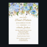 Convite Doce Dourado Floral Azul Botânico Dezesseis Aniver<br><div class="desc">Mais bonito,  16 Convites florais na loja Little Bayleigh!</div>