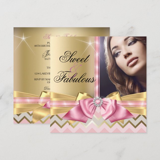 Convite Doce e Fabuloso Chevron de Ouro Rosa de Aniversári (Frente/Verso)