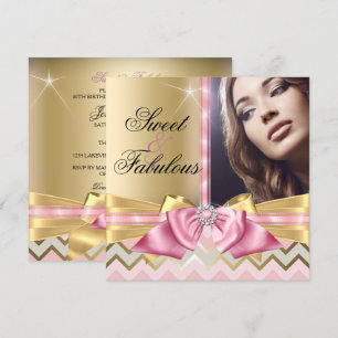 Convite Doce e Fabuloso Chevron de Ouro Rosa de Aniversári